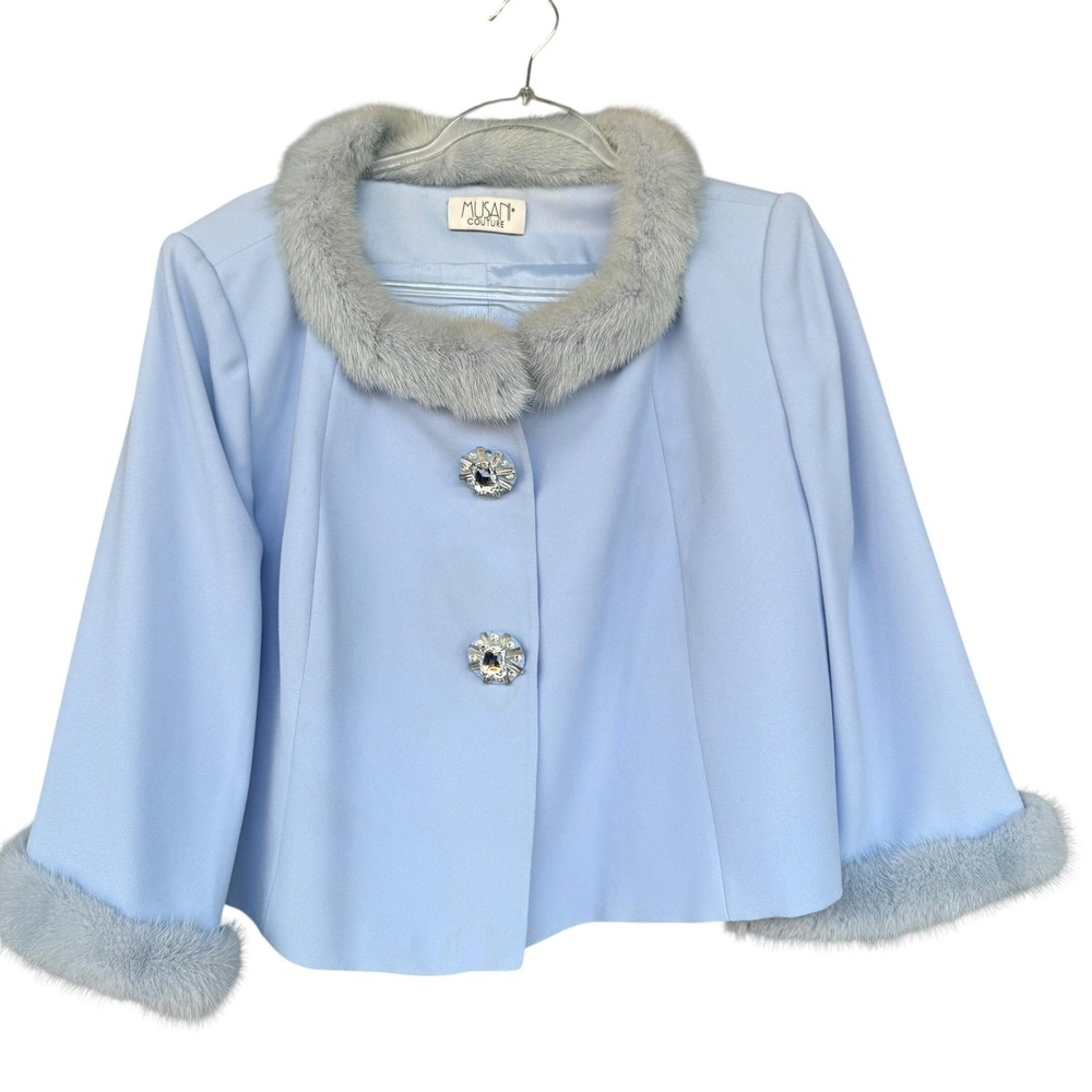 Musani Couture Jacket Womens 52 Blue Fur Trim Rhinestone Buttons Short